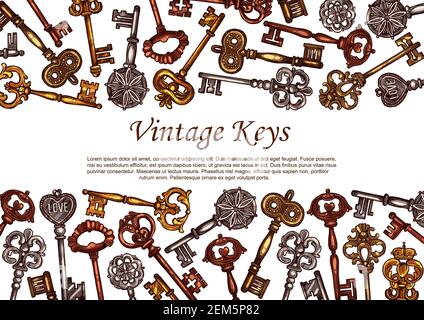 Vintage keys vector sketch, squelette médiéval métal porte clés décorées avec des éléments décoratifs forgés sur l'arc et la pointe. Bronze rétro antique ou laiton Illustration de Vecteur