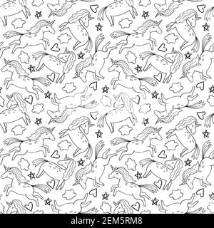 Adorable licorne graphique dans le ciel. Art fantaisie dessiné dans le style des arts de ligne. Motif vectoriel sans couture. Design de page de livre de coloriage pour les adultes et les enfants. Illustration de Vecteur