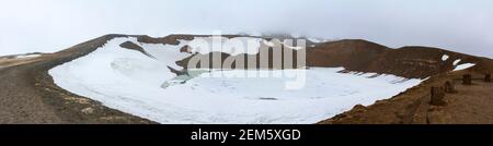 Panorama d'un cratère de Krafla recouvert de neige et de glace, Islande Banque D'Images