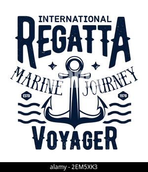 Imprimé t-shirt à voile, emblème de vecteur de croisière de régate de mer avec vagues bleues sur l'océan et inscriptions sur fond blanc. Imprimé t-shirt de l'équipe du club naval avec Illustration de Vecteur