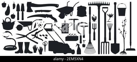 Jardinage, outils, instruments et équipements agricoles silhouettes noires vectorielles isolées. Pelle agricole et jardinière, hache, couteau et brouette, scie. FRU Illustration de Vecteur