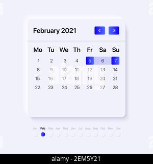 Modèle de calendrier de février 2021. Concept d'interface utilisateur pour applications mobiles et Web. Conception moderne du neuporphisme. Illustration vectorielle Illustration de Vecteur