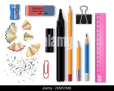 Papeterie conception réaliste des fournitures scolaires et de bureau conception vectorielle. crayons 3d, gomme, marqueur et taille-crayon, règle en plastique, papier et classeur Illustration de Vecteur