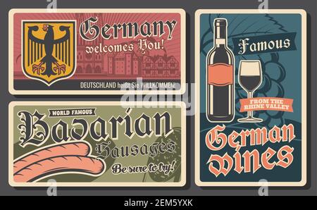 Saucisses bavaroises, vins allemands et armoiries avec aigle noir. Cuisine allemande traditionnelle, plats, boissons et lieux célèbres. Bienvenue en Allemagne et B Illustration de Vecteur