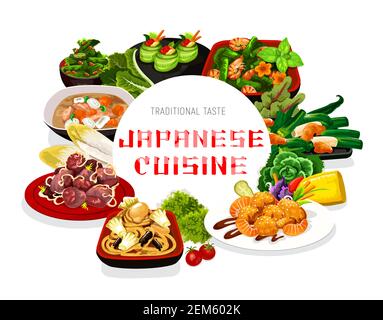 Cuisine japonaise repas et plats vectoriels. Roulés de concombre avec caviar, fruits de mer philippins et salade, nouilles de fruits de mer japonaises aux crevettes, foie Illustration de Vecteur