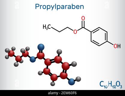 Propylparabène, molécule de propylparabène. Il s'agit d'ester de benzoate, de paraben, d'antimicrobien, de conservateur antifongique, E216. Formule chimique structurelle Illustration de Vecteur