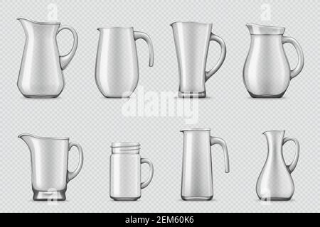 Pichets et pichets en verre 3d Realistic Vector Set. Tailles et formes variées, pichets vides avec poignée et bec, pichet fileté et vase en verre brillant isol Illustration de Vecteur