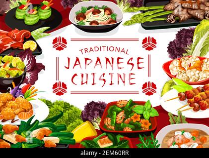 Couverture vectorielle du menu de cuisine japonaise. Fruits de mer frais, plats de viande et de légumes. Salade de crevettes, crustacés et poisson à chair, soupe de porc butaziru, cabine braisée Illustration de Vecteur