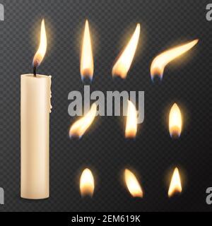 Bougie avec feux de flamme réaliste maquette de vecteur sur fond transparent. Bougie d'église ou de fête brûlante en cire blanche et mèche de verre Illustration de Vecteur