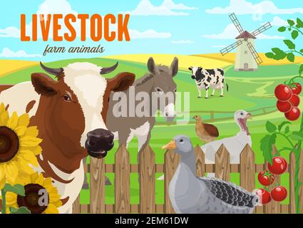 Animaux de ferme, bannière vecteur agricole. Élevage de bovins et de volailles. Vache et taureau, âne, oie, dinde et caille sur le pré de ranch. Arrière-plan rural W Illustration de Vecteur