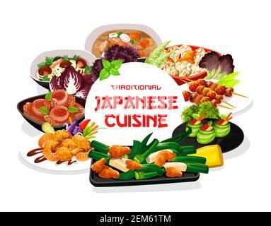 Plats de cuisine japonaise cadre rond de repas et de plats savoureux. Petits pains au concombre avec caviar, salade de mollusques philippins, nouilles aux champignons japonais et Illustration de Vecteur