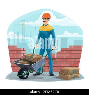 Ouvrier du constructeur avec brouette sur le chantier de construction. Couche de briques vectorisées sur un bâtiment. Brique de maçonnerie en uniforme et en chapeau rigide Illustration de Vecteur