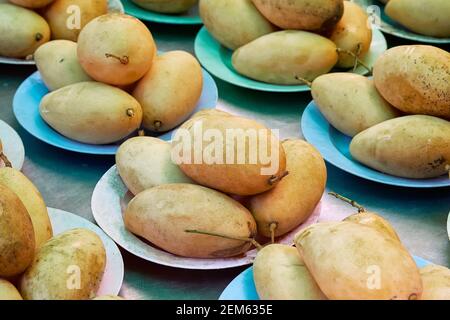 Bouquet de mangue jaune sur le marché de rue. Jaune vif tropical et mangue douce avec une fine peau. Fruits frais mûrs en Thaïlande. Dans les plaques 4 unités Banque D'Images