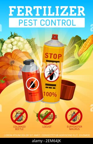 Service de lutte antiparasitaire agraire et engrais agricoles, affiche vectorielle. Extermination des insectes végétaux et protection des plantes agricoles du Colorado Illustration de Vecteur