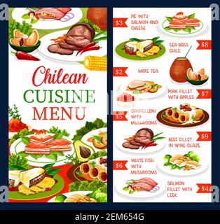 Restaurant de cuisine chilienne, menu vectoriel, plats chiliens traditionnels et plats. Amérique du Sud authentique cuisine nationale viande de bœuf et de porc, saumon f Illustration de Vecteur