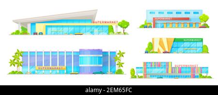 Icônes vectorielles de supermarchés et de magasins. Design extérieur moderne du magasin et du centre commercial, vue sur l'avant du centre commercial avec fenêtres en verre bleu. Magasin de détail bui Illustration de Vecteur