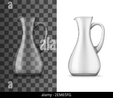 Carafe en verre réaliste avec col et poignée étroits, maquette 3d vectorielle. Pichet transparent pour boissons, vue latérale du bol vide propre. Objet ustensiles de cuisine, gla Illustration de Vecteur