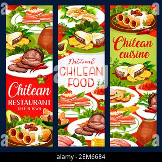 Cuisine chilienne, menu traditionnel de l'Amérique latine bannières vectorielles. Chili plats de cuisine authentiques, tarte au saumon et au fromage, poisson-bar épicé au chi Illustration de Vecteur