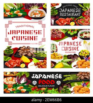 Cuisine japonaise menu restaurant repas couverture, vecteur. Restaurant cuisine salade de crevettes, viande de poulet et poisson cuit sur brochettes. Chou braisé avec fr Illustration de Vecteur