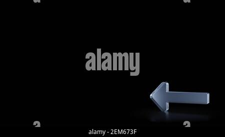 rendu 3d du symbole de verre dépoli de la longue flèche gauche isolé sur fond noir avec des réflexions floues sur le sol Banque D'Images