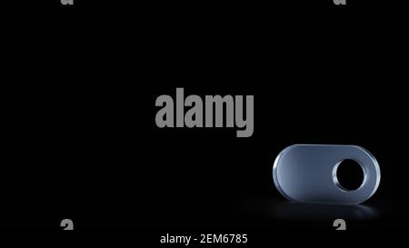 rendu 3d du symbole en verre dépoli du bouton de commutation isolé sur fond noir avec réflexions floues sur le sol Banque D'Images