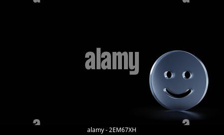 rendu 3d du symbole en verre dépoli de l'émoticône du sourire isolé sur fond noir avec réflexions floues sur le sol Banque D'Images