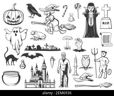 Croquis d'Halloween avec fantôme d'horreur de vecteur, citrouille et sorcière, Dracula vampire, chauve-souris et chat noir, hibou, bonbons de trick ou de traiter et zombie, cimetière, Illustration de Vecteur