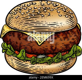 Illustration de la coupe de bois ancienne Burger Hamburger Illustration de Vecteur