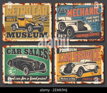 Garage de voitures rétro et restauration plaques de métal rouillé. Musée de la rareté et des vieux véhicules, vente de limousine de luxe, magasin de pièces de rechange et mécanique Illustration de Vecteur