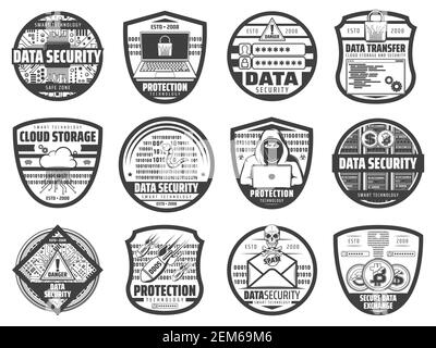 Sécurité des données Internet, protection de l'accès aux informations et au stockage dans le cloud, icônes vectorielles. Sécurisez la transaction de crypto-monnaie en bitcoin, l'attaque de hacker et sp Illustration de Vecteur