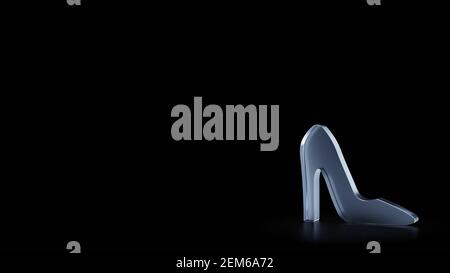 rendu 3d du symbole en verre dépoli des chaussures à talons hauts pour les femmes isolées sur fond noir avec réflexions floues le sol Banque D'Images