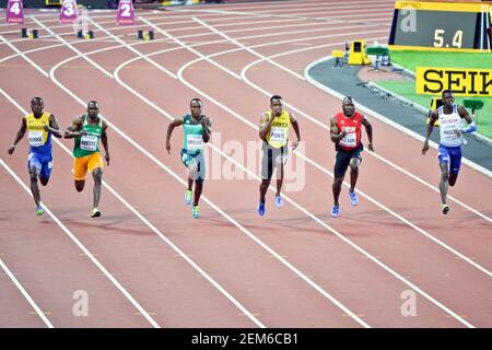 Julian forte (JAM), Akani Simbine (RSA), Alex Wilson (SWI). 100 mètres hommes, série chauffes. Championnats du monde d'athlétisme de l'IAAF - Londres 2017 Banque D'Images