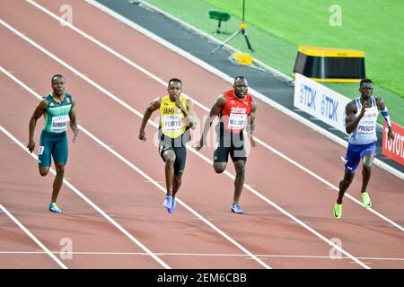 Julian forte (JAM), Akani Simbine (RSA), Alex Wilson (SWI). 100 mètres hommes, série chauffes. Championnats du monde d'athlétisme de l'IAAF - Londres 2017 Banque D'Images