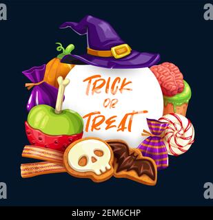 Halloween trick or Treat bonbons vector design. Citrouilles et chapeau de sorcière avec bonbons au chocolat, bandes de gelée et sucettes, décorés de chauves-souris à sucre, s Illustration de Vecteur