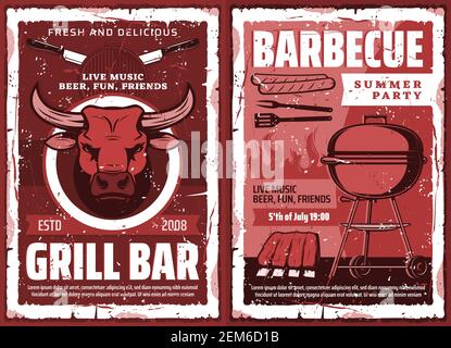 Barbecue fête, affiche de grunge Vector vintage. Barbecue pique-nique et barbecue au charbon de bois bar, tête de taureau de bœuf et saucisse avec côtes, bière et musique su Illustration de Vecteur