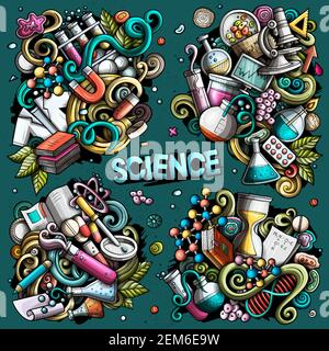 Science dessin animé vecteur Doodle designs. Compositions détaillées colorées avec beaucoup d'objets et de symboles scientifiques. Tous les éléments sont séparés Illustration de Vecteur