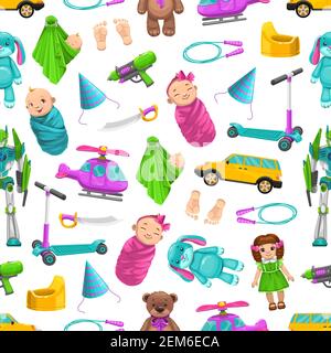 Jouets pour nouveau-nés, fond vectoriel sans couture. Garçon et fille bébé en chariot, empreintes de pied, poupées et voitures, hélicoptère et robot, casquette d'anniversaire a Illustration de Vecteur