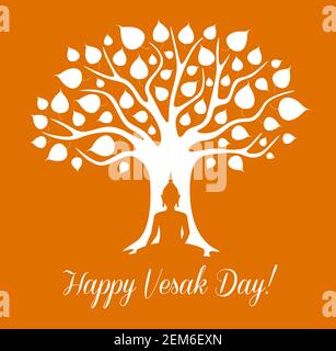 Vacances Vesak Day. Bouddha assis sous l'arbre de Bodhi et méditant dans la pose de lotus. Bouddhisme religion ou tradition asiatique. Joyeux anniversaire Vesak Day, enlig Illustration de Vecteur