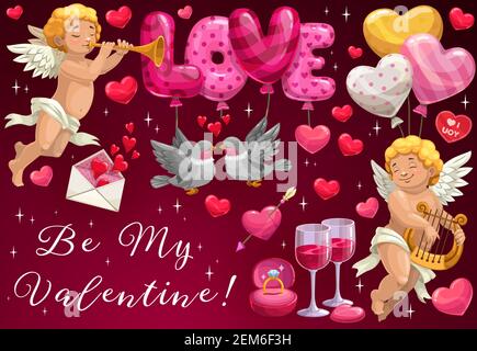 Bonne Saint-Valentin calligraphie poster de salutation avec l'amour et le coeur ballons. Soyez mon message de Saint-Valentin avec les oiseaux colombes, les flèches d'ange de cupid et le mariage Illustration de Vecteur