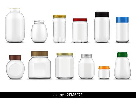 Bocaux en verre avec couvercles, emballages de nourriture vectoriels réalistes. Conteneurs de bouteilles transparents vides et pots transparents avec bouchons à vis en métal et en plastique 3d t Illustration de Vecteur