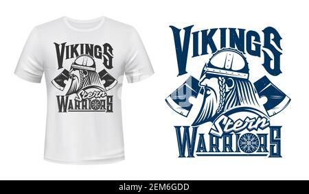 Scandinavian Vikings, maquette de modèle de t-shirt à motif vectoriel grunge. Homme guerrier stern scandinave et nordique tête avec haches d'arme dans casque d'armure et Illustration de Vecteur