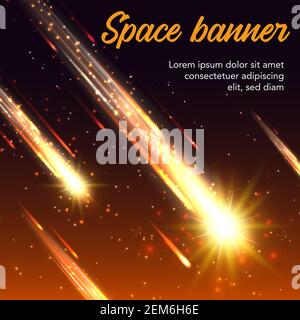 Bannière vecteur d'espace de la douche de météores, étoiles de tir et comètes de chute ou astéroïdes avec des boules de feu jaune vif de météorite, des sentiers de feu lumineux et o Illustration de Vecteur