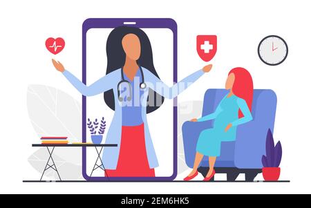 Consultation d'un médecin pour une patiente enceinte, illustration du vecteur de la technologie de santé de télémédecine. Caricature femme médecin travailleur personnage consultant par téléphone, conseillant la femme sur le problème de grossesse Illustration de Vecteur