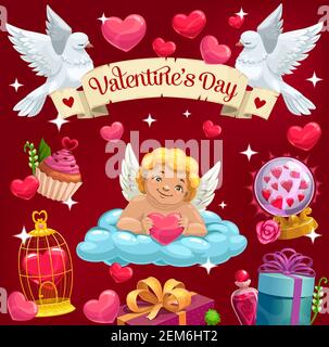 Saint-Valentin amour coeurs et ange de cupid sur le nuage. Vector Valentin message amour ruban et colombes, coeur en cage dorée et boîte cadeau de mariage, mag Illustration de Vecteur