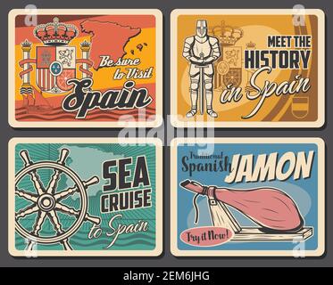 Agence de voyage en Espagne, affiches rétro vecteur vintage, culture espagnole et sites touristiques. Croisières en mer, musée d'histoire et cuisine traditionnelle de jamon, Barc Illustration de Vecteur