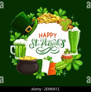 Saint Patrick shamrock, chapeau de lepretchun, motif vectoriel de bière doré et vert. Carte de vœux de fête religieuse irlandaise avec feuilles de trèfle, pièces dorées p Illustration de Vecteur