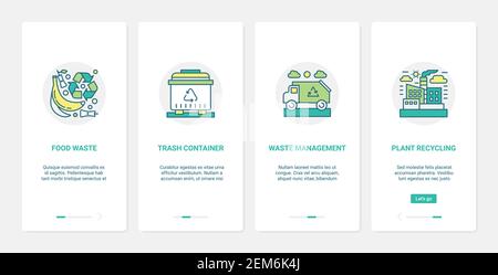 Illustration vectorielle de la technologie de protection de l'environnement, de l'industrie du recyclage. UX, UI Onboarding mobile application page Screen Set avec collecte de déchets industriels, tri dans les poubelles Illustration de Vecteur