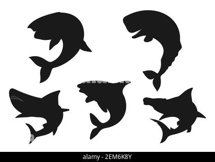 Silhouettes d'animaux de mer à motif baleine, requin et orque noir. Bleu vectoriel, épaulards et cachalots, requin-marteau et cachalot, mammifères marins prédateurs o Illustration de Vecteur