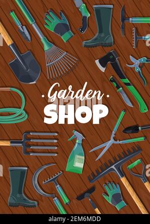 Outils de jardin, atelier d'équipement agricole et agricole de culture, affiche vectorielle. Râteaux de jardinage et pelle à pelle, sécateurs d'arbres et gants de jardinier, Illustration de Vecteur