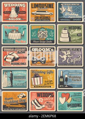 Ensemble d'objets vectoriels mariage et mariage avec des articles de mariée et de marié. Gâteau de mariage, bague d'engagement et église, robe de mariée, bouquet et coeur d'amour, gif Illustration de Vecteur